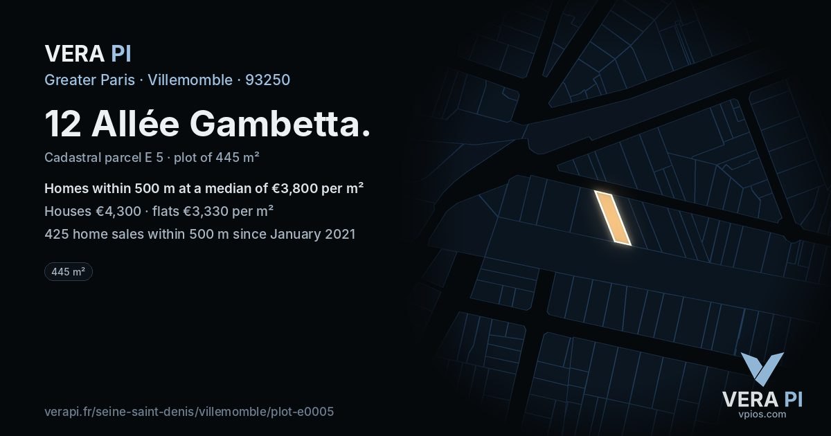 12 Allée Gambetta, Villemomble at night – the plot lit, the parcels around coloured by the prices near them