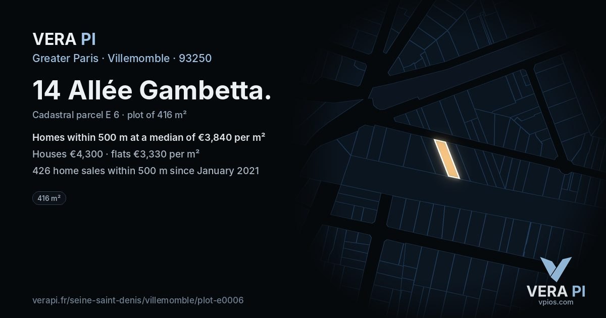 14 Allée Gambetta, Villemomble at night – the plot lit, the parcels around coloured by the prices near them