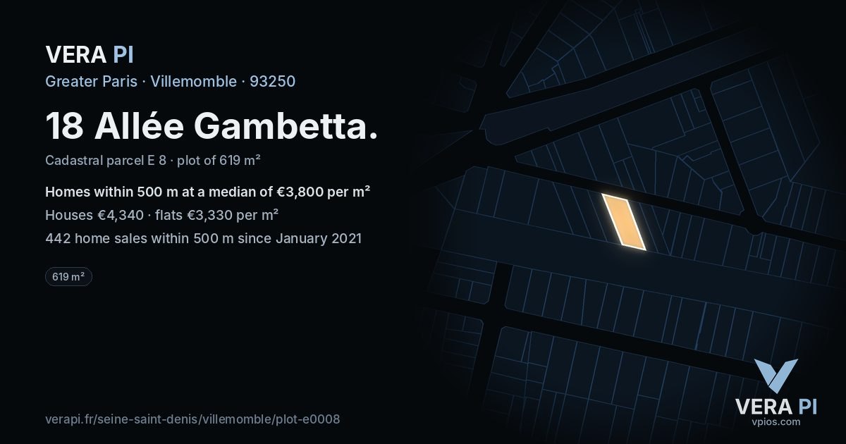 18 Allée Gambetta, Villemomble at night – the plot lit, the parcels around coloured by the prices near them