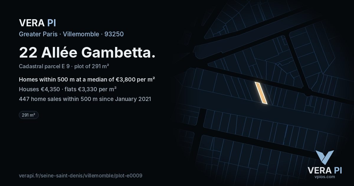 22 Allée Gambetta, Villemomble at night – the plot lit, the parcels around coloured by the prices near them