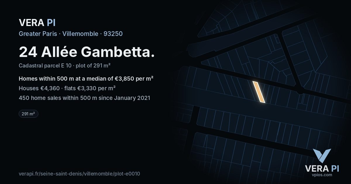 24 Allée Gambetta, Villemomble at night – the plot lit, the parcels around coloured by the prices near them