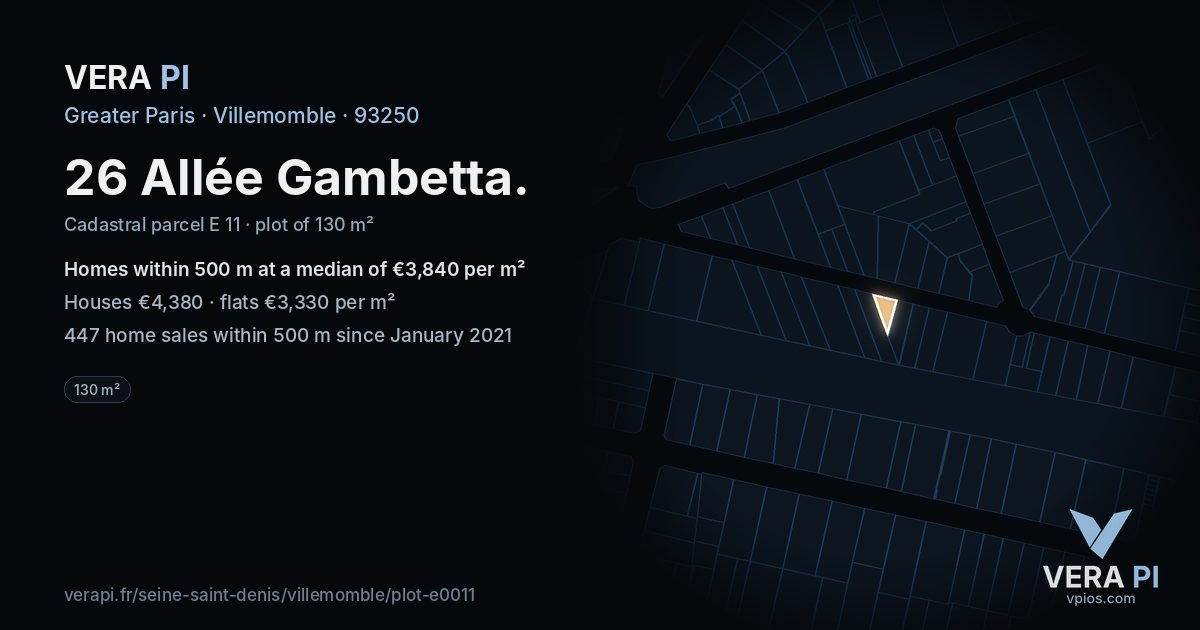 26 Allée Gambetta, Villemomble at night – the plot lit, the parcels around coloured by the prices near them