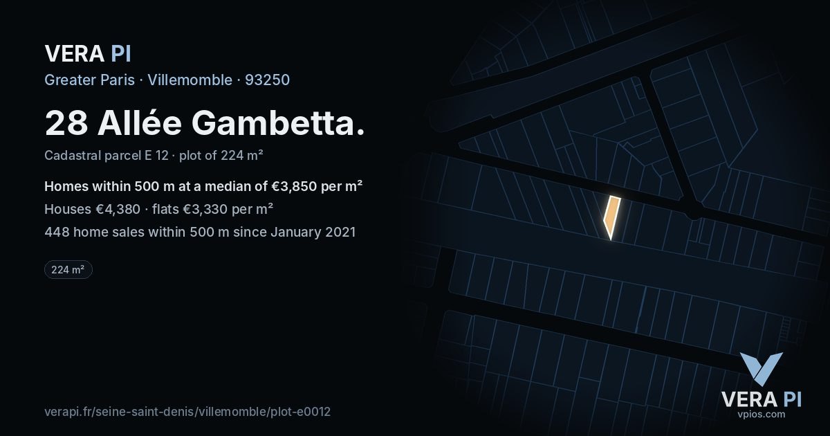 28 Allée Gambetta, Villemomble at night – the plot lit, the parcels around coloured by the prices near them