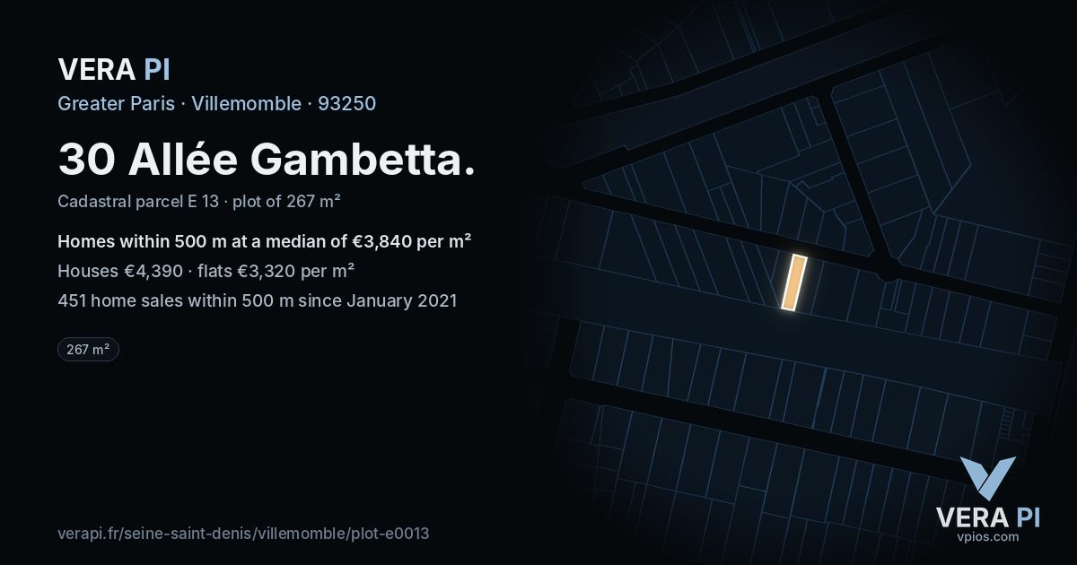 30 Allée Gambetta, Villemomble at night – the plot lit, the parcels around coloured by the prices near them