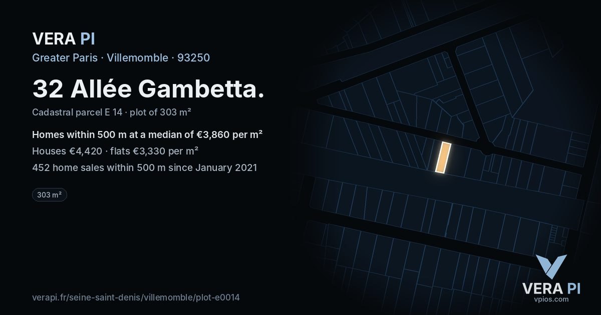 32 Allée Gambetta, Villemomble at night – the plot lit, the parcels around coloured by the prices near them