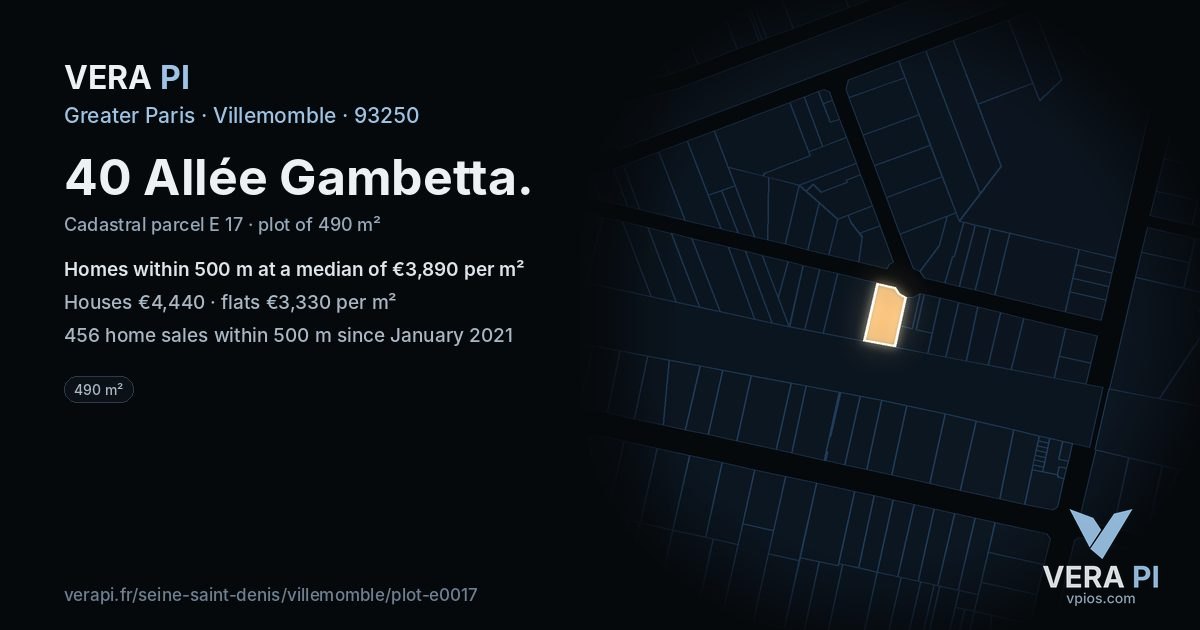 40 Allée Gambetta, Villemomble at night – the plot lit, the parcels around coloured by the prices near them