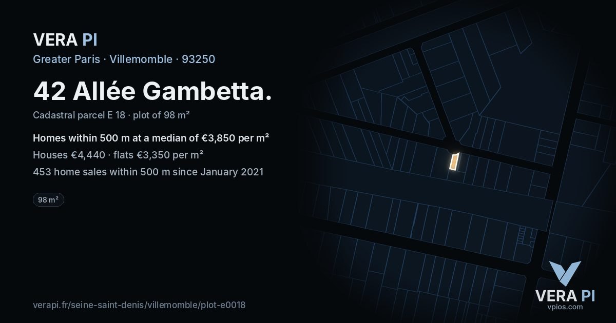42 Allée Gambetta, Villemomble at night – the plot lit, the parcels around coloured by the prices near them