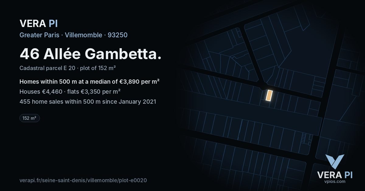 46 Allée Gambetta, Villemomble at night – the plot lit, the parcels around coloured by the prices near them
