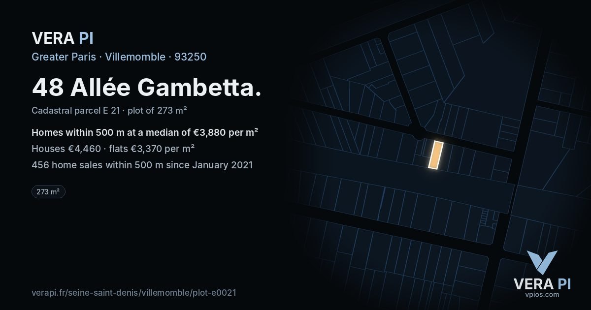 48 Allée Gambetta, Villemomble at night – the plot lit, the parcels around coloured by the prices near them