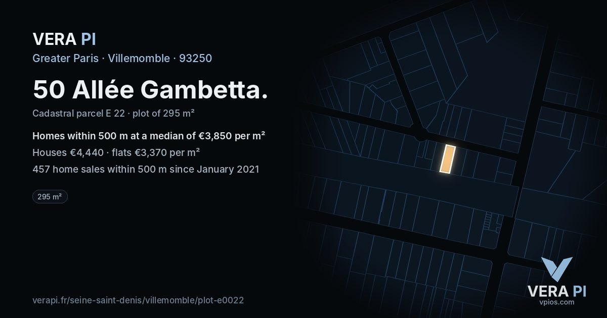 50 Allée Gambetta, Villemomble at night – the plot lit, the parcels around coloured by the prices near them
