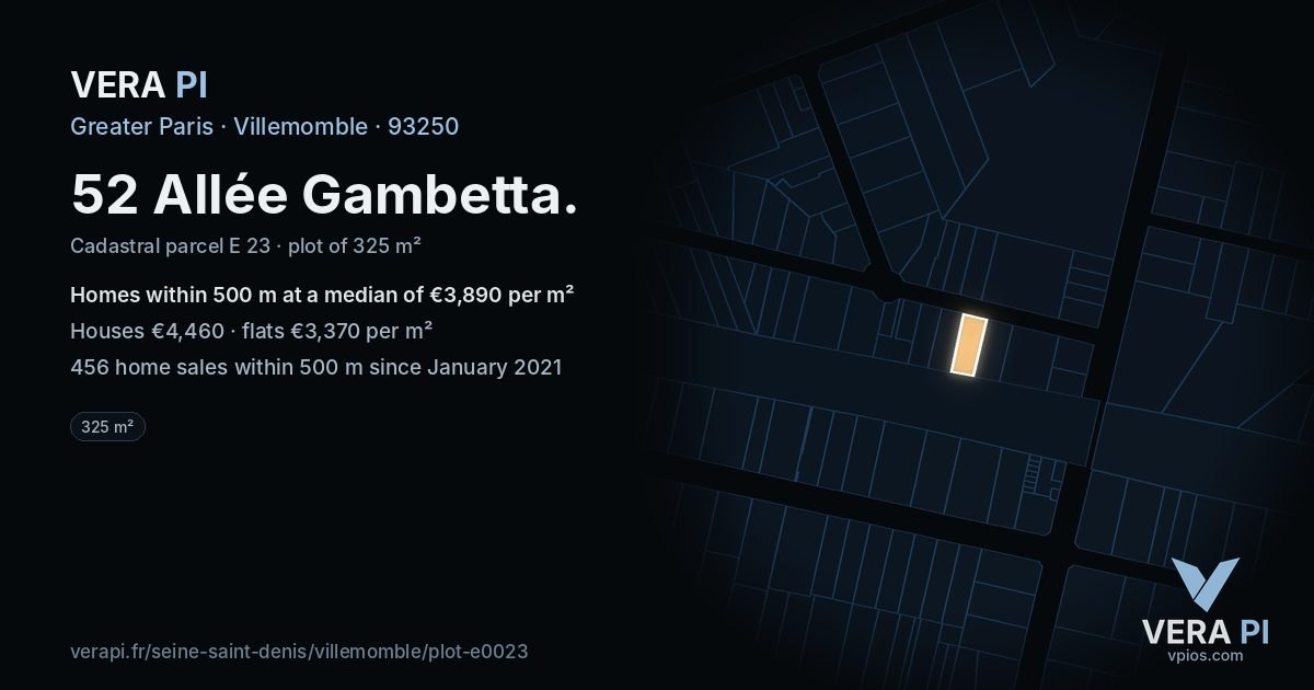 52 Allée Gambetta, Villemomble at night – the plot lit, the parcels around coloured by the prices near them
