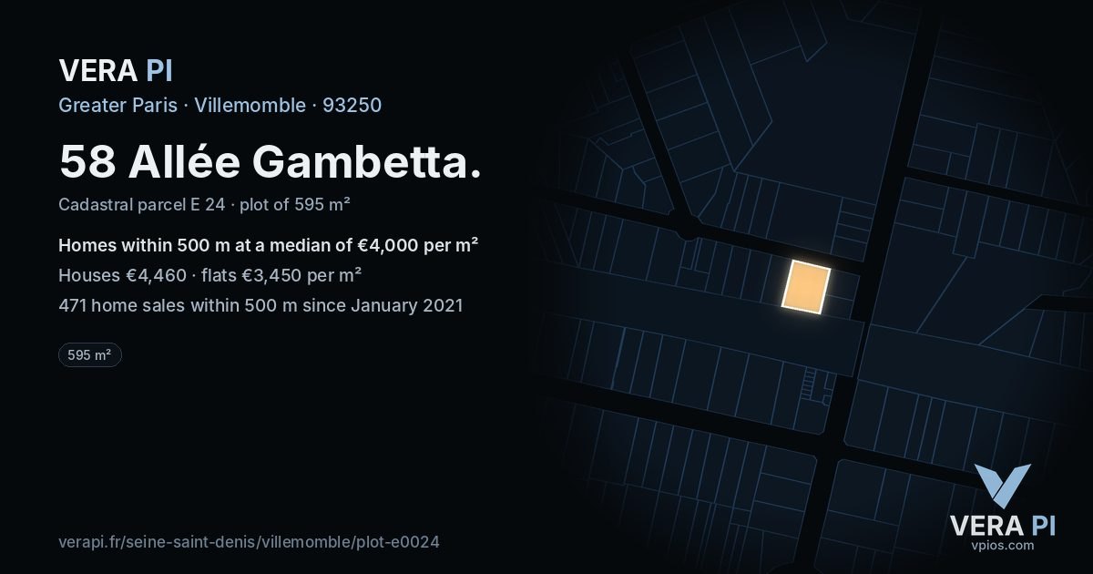58 Allée Gambetta, Villemomble at night – the plot lit, the parcels around coloured by the prices near them