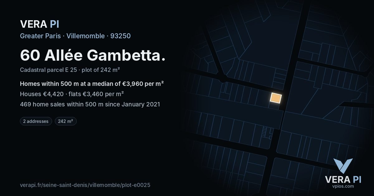 60 Allée Gambetta, Villemomble at night – the plot lit, the parcels around coloured by the prices near them