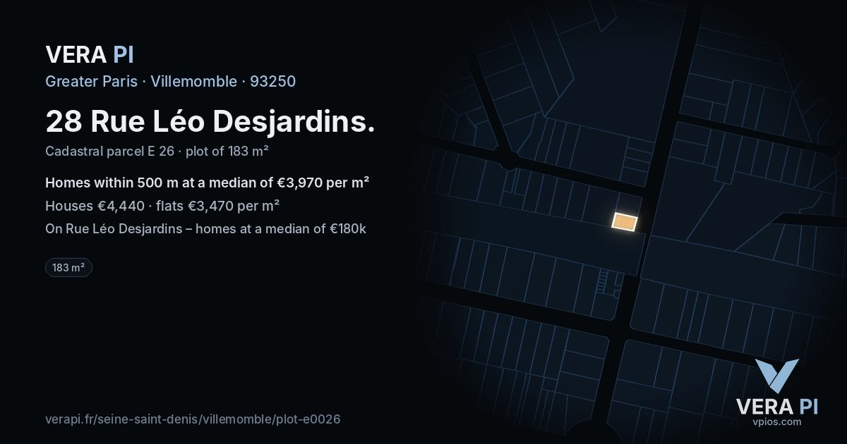 28 Rue Léo Desjardins, Villemomble at night – the plot lit, the parcels around coloured by the prices near them