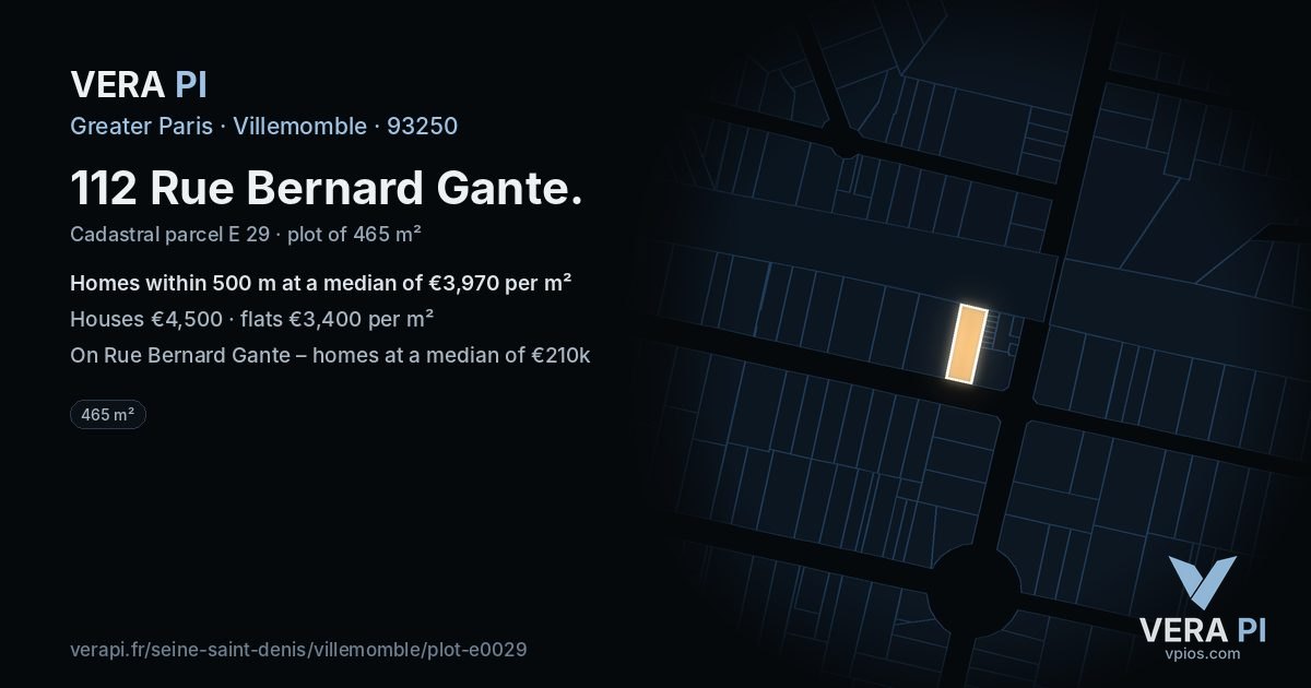 112 Rue Bernard Gante, Villemomble at night – the plot lit, the parcels around coloured by the prices near them