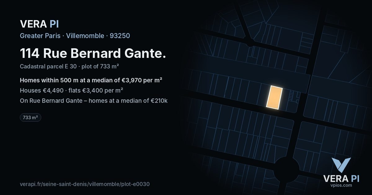114 Rue Bernard Gante, Villemomble at night – the plot lit, the parcels around coloured by the prices near them