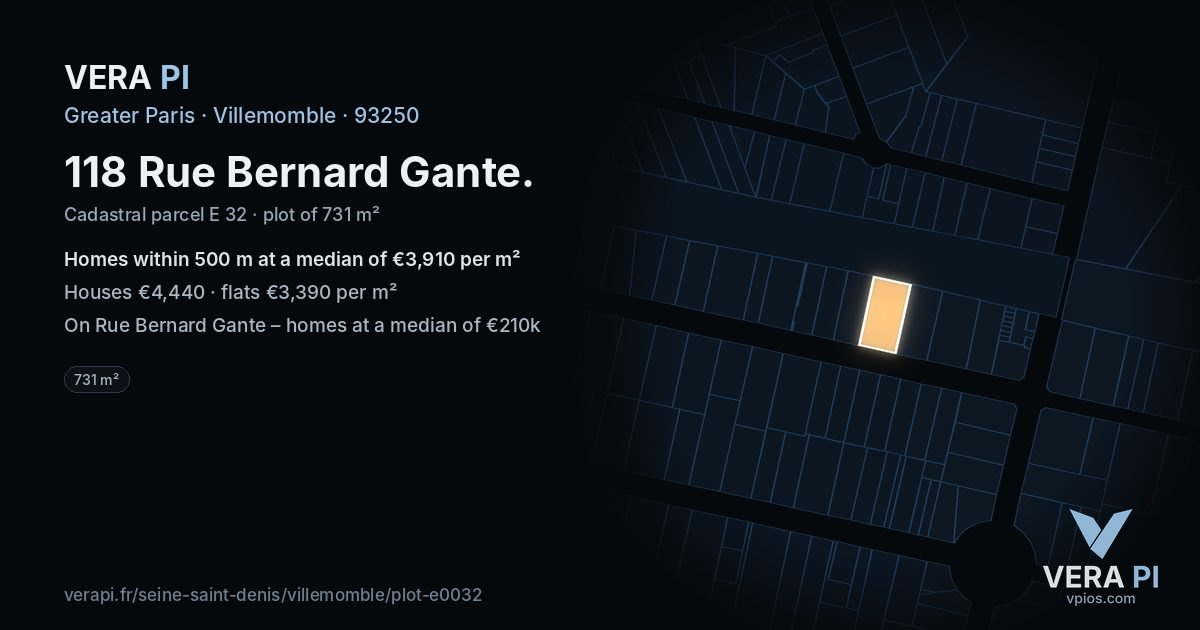118 Rue Bernard Gante, Villemomble at night – the plot lit, the parcels around coloured by the prices near them