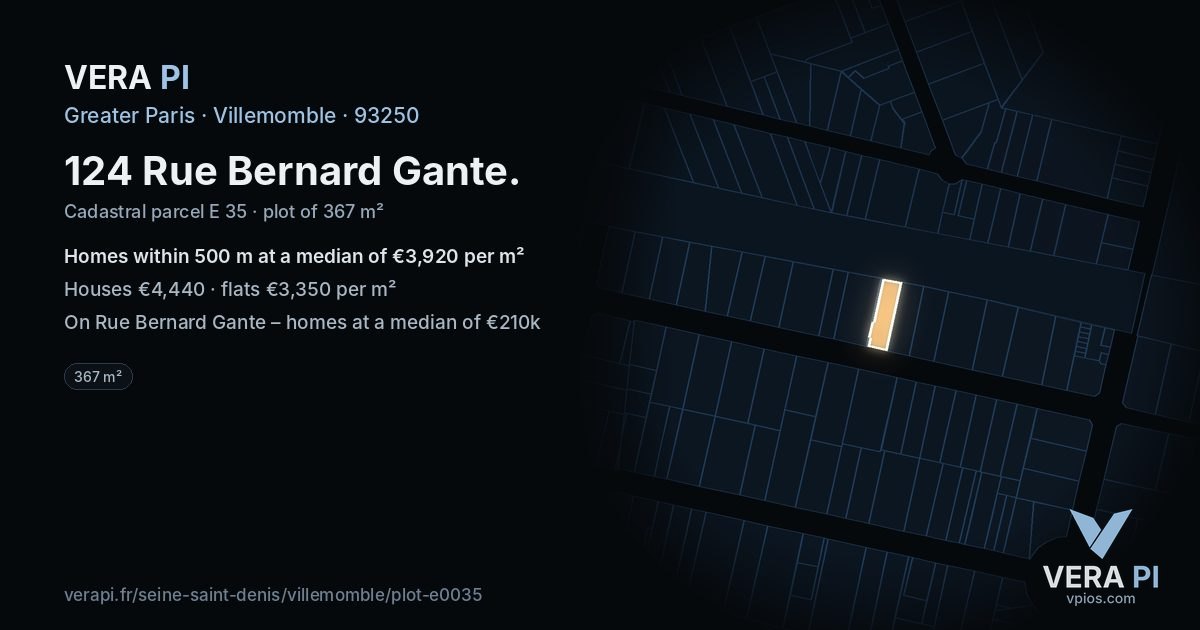 124 Rue Bernard Gante, Villemomble at night – the plot lit, the parcels around coloured by the prices near them