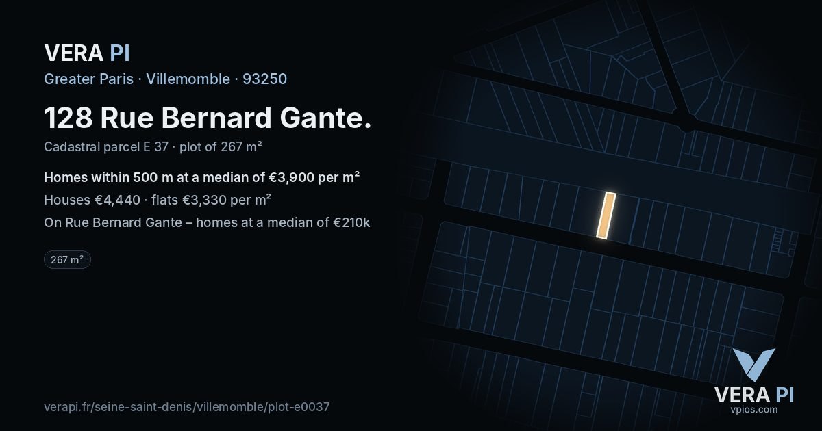 128 Rue Bernard Gante, Villemomble at night – the plot lit, the parcels around coloured by the prices near them