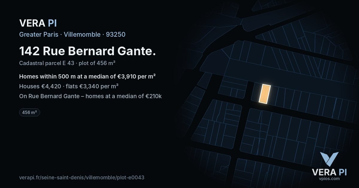 142 Rue Bernard Gante, Villemomble at night – the plot lit, the parcels around coloured by the prices near them