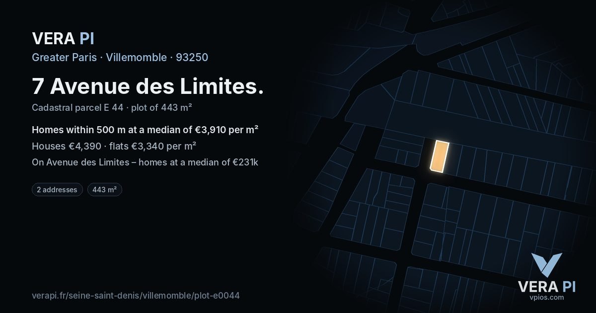 7 Avenue des Limites, Villemomble at night – the plot lit, the parcels around coloured by the prices near them