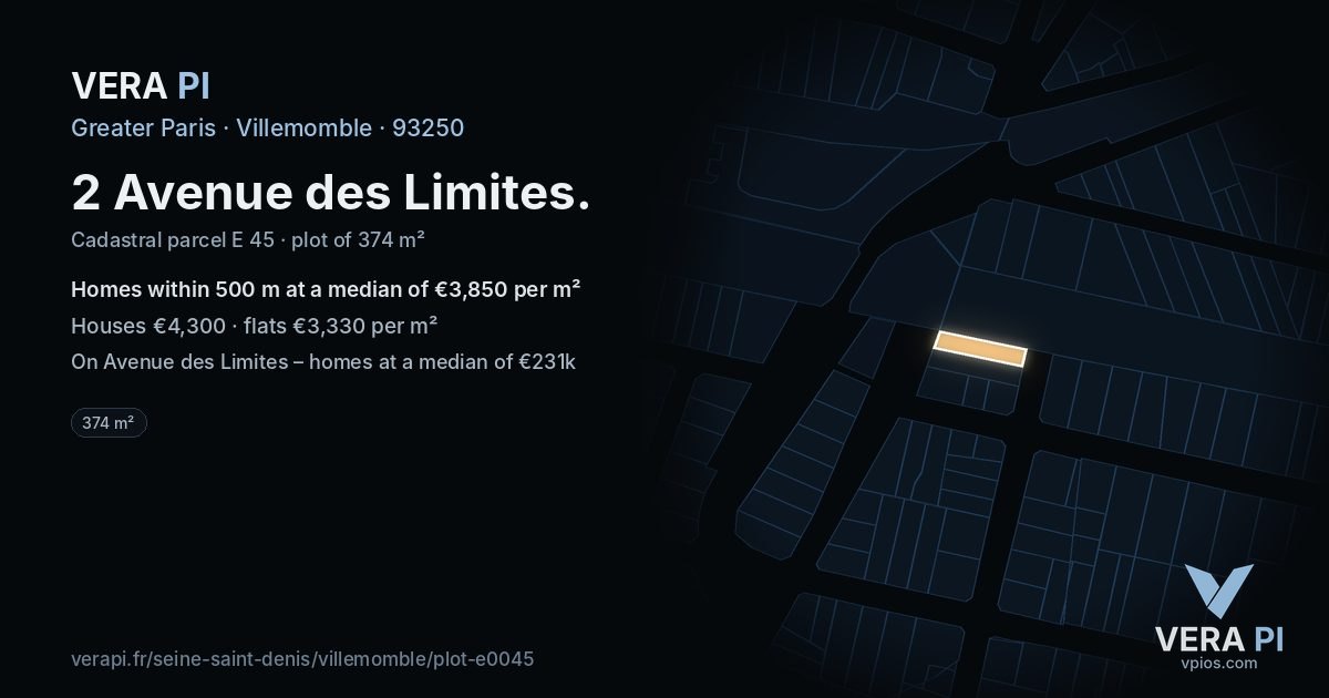 2 Avenue des Limites, Villemomble at night – the plot lit, the parcels around coloured by the prices near them
