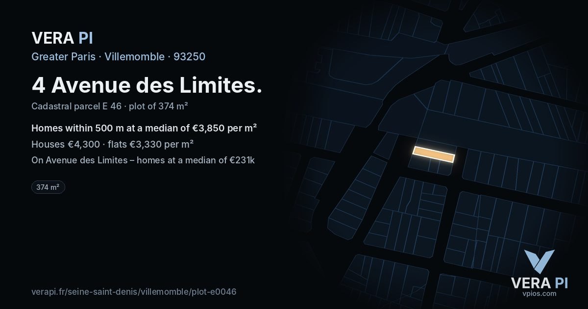 4 Avenue des Limites, Villemomble at night – the plot lit, the parcels around coloured by the prices near them