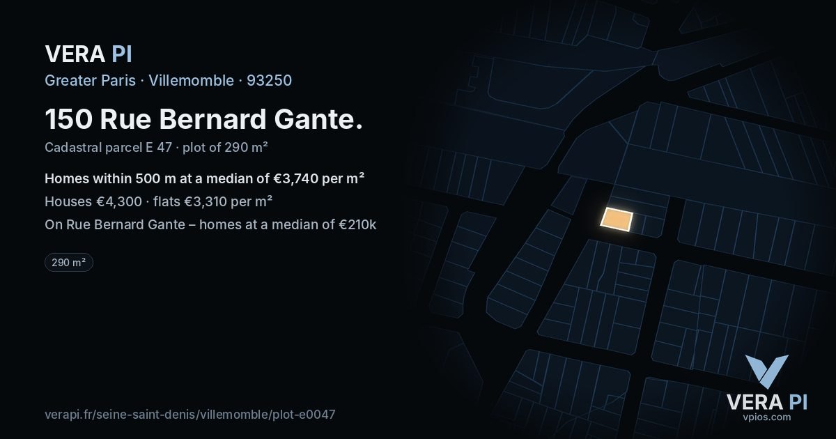 150 Rue Bernard Gante, Villemomble at night – the plot lit, the parcels around coloured by the prices near them