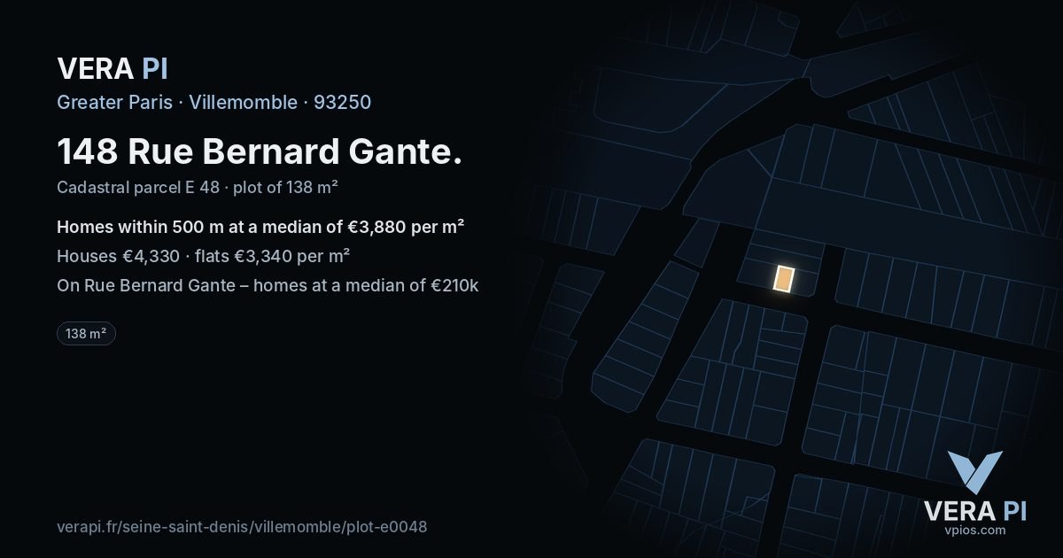 148 Rue Bernard Gante, Villemomble at night – the plot lit, the parcels around coloured by the prices near them