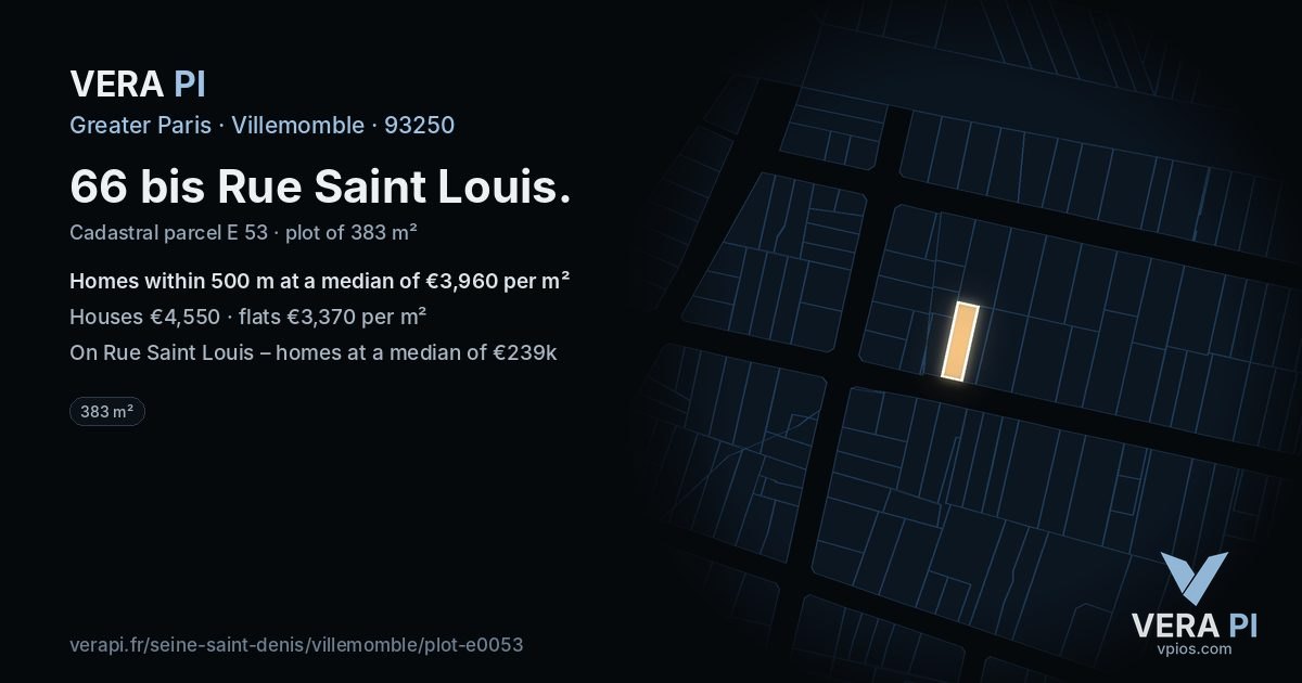 66 bis Rue Saint Louis, Villemomble at night – the plot lit, the parcels around coloured by the prices near them