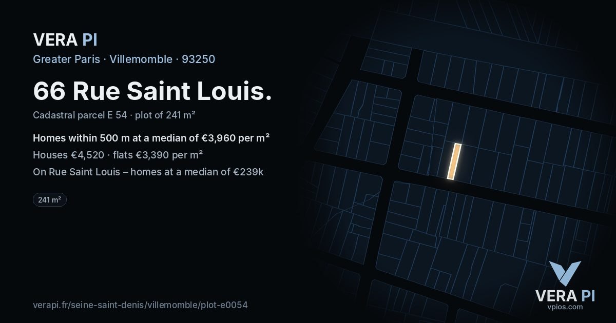 66 Rue Saint Louis, Villemomble at night – the plot lit, the parcels around coloured by the prices near them