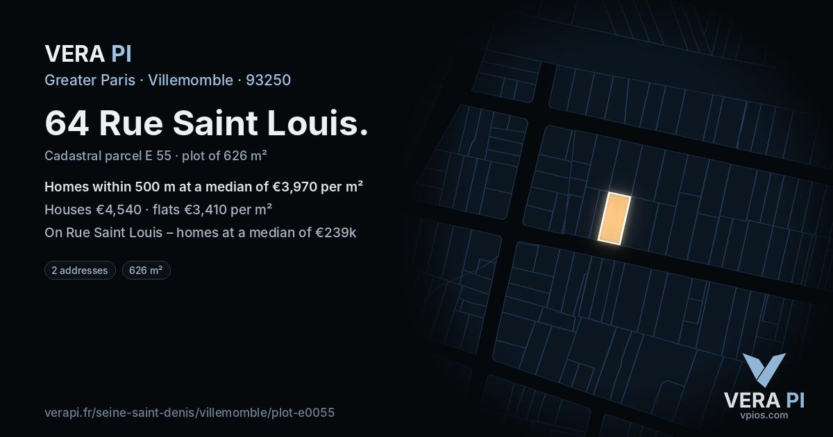 64 Rue Saint Louis, Villemomble at night – the plot lit, the parcels around coloured by the prices near them