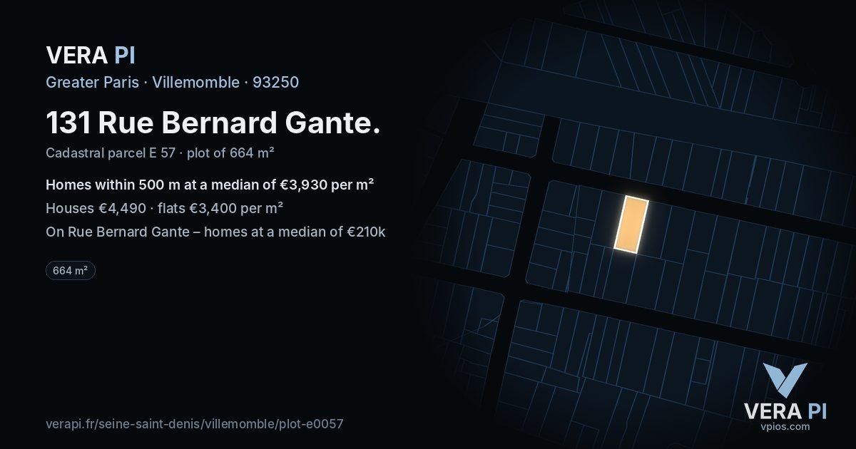 131 Rue Bernard Gante, Villemomble at night – the plot lit, the parcels around coloured by the prices near them