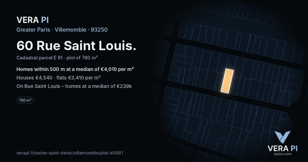 60 Rue Saint Louis, Villemomble at night – the plot lit, the parcels around coloured by the prices near them
