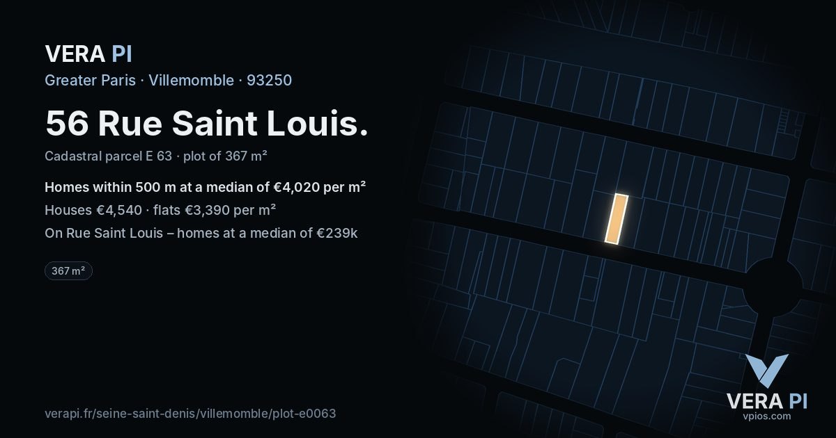56 Rue Saint Louis, Villemomble at night – the plot lit, the parcels around coloured by the prices near them