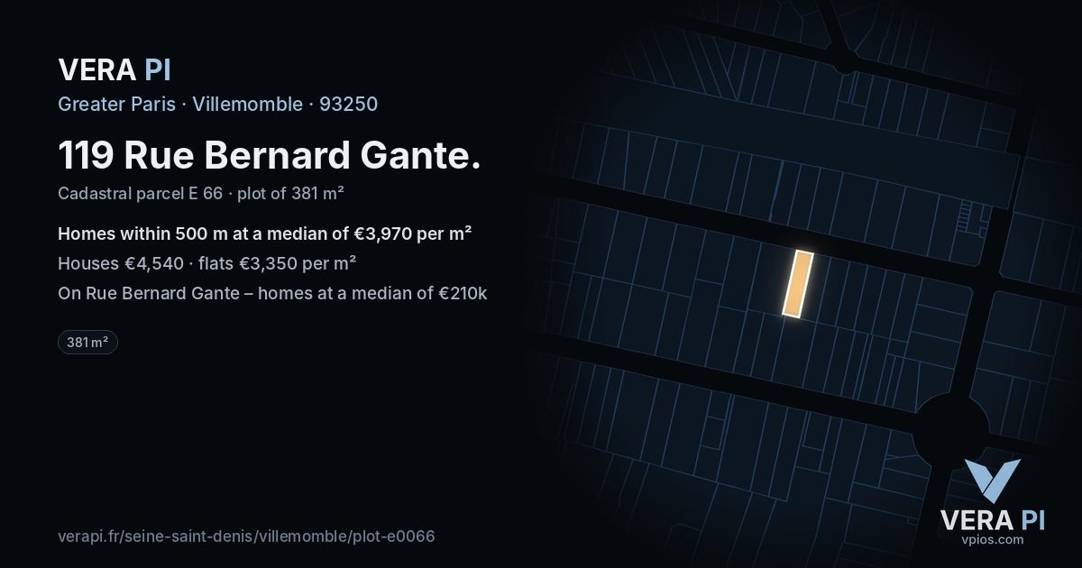 119 Rue Bernard Gante, Villemomble at night – the plot lit, the parcels around coloured by the prices near them