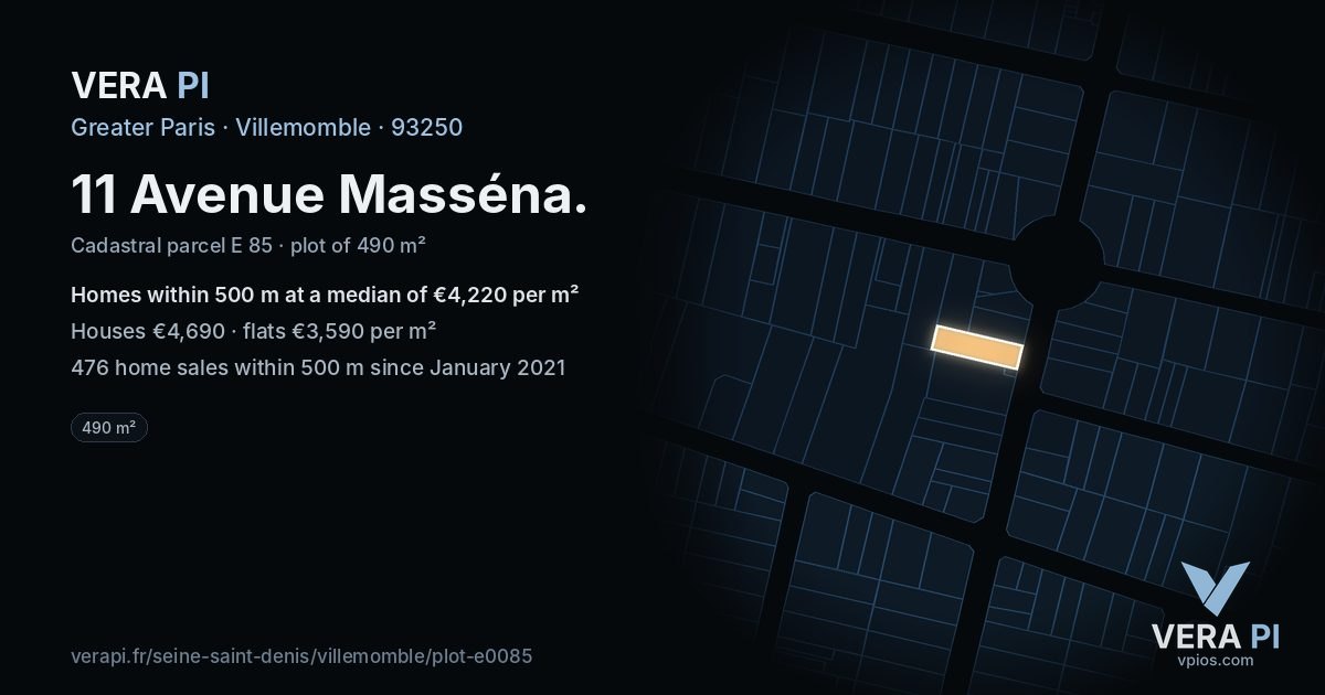 11 Avenue Masséna, Villemomble at night – the plot lit, the parcels around coloured by the prices near them