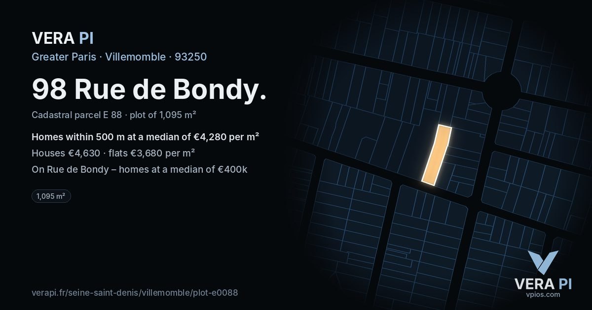 98 Rue de Bondy, Villemomble at night – the plot lit, the parcels around coloured by the prices near them