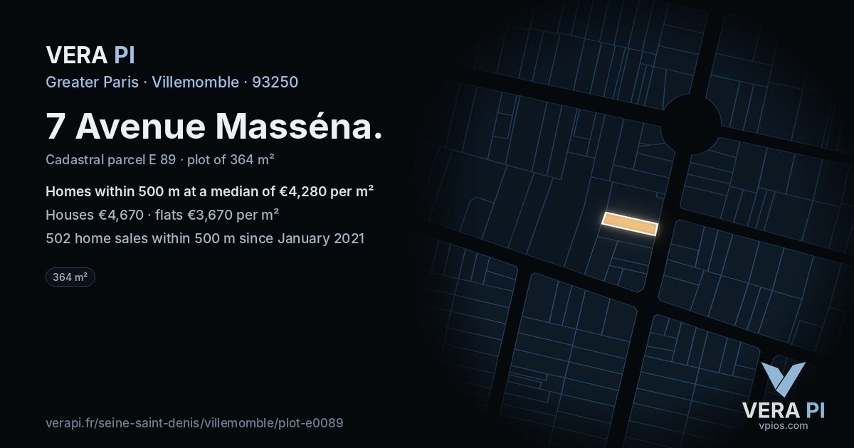 7 Avenue Masséna, Villemomble at night – the plot lit, the parcels around coloured by the prices near them