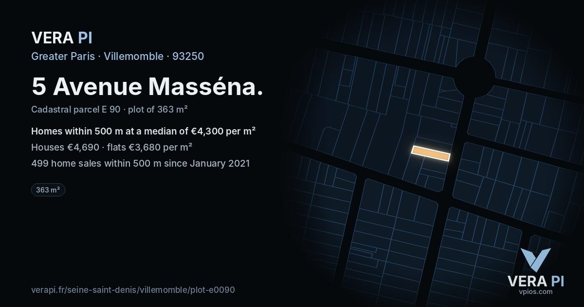 5 Avenue Masséna, Villemomble at night – the plot lit, the parcels around coloured by the prices near them