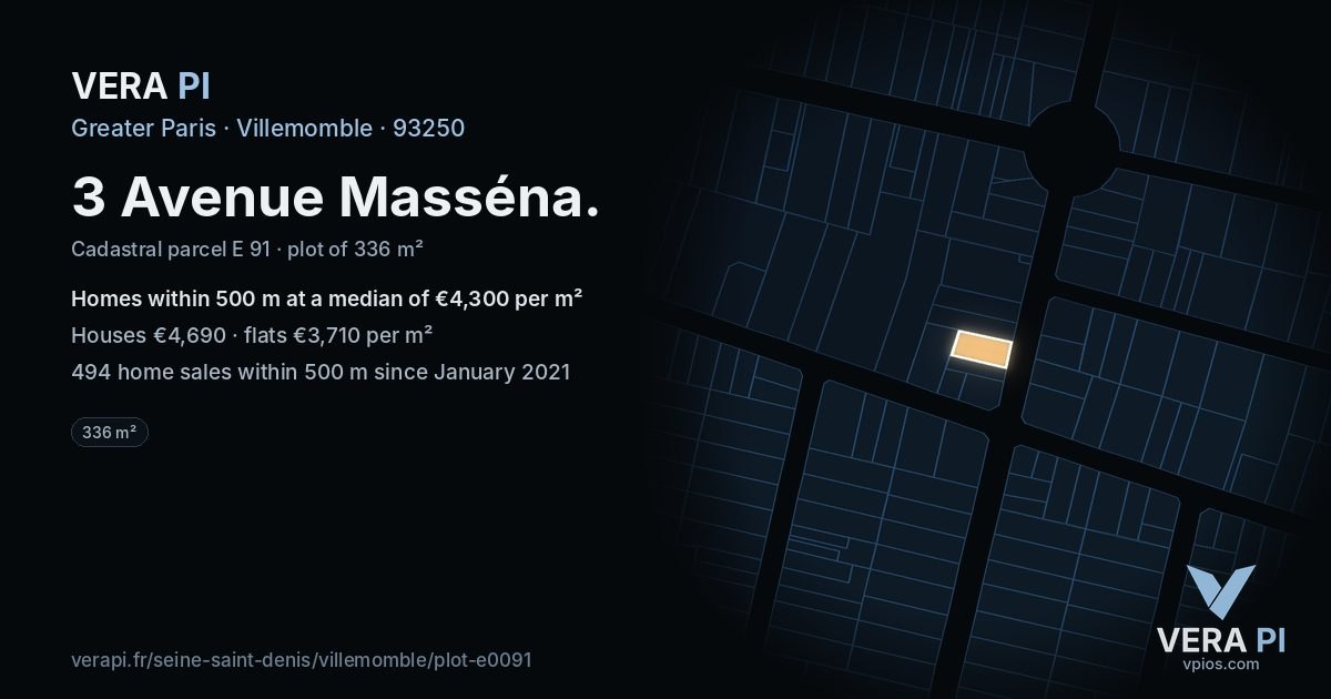 3 Avenue Masséna, Villemomble at night – the plot lit, the parcels around coloured by the prices near them