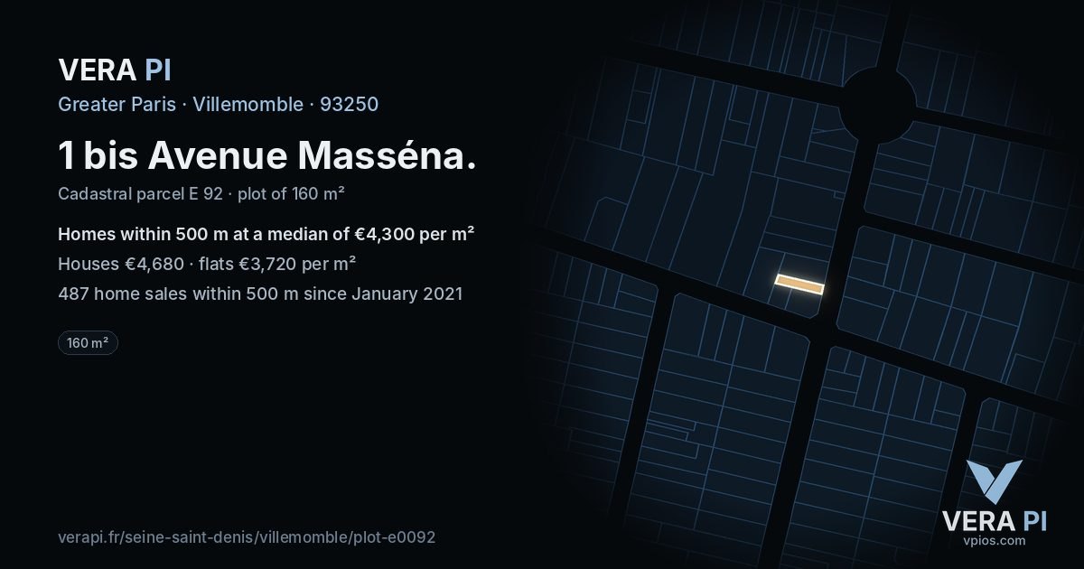 1 bis Avenue Masséna, Villemomble at night – the plot lit, the parcels around coloured by the prices near them
