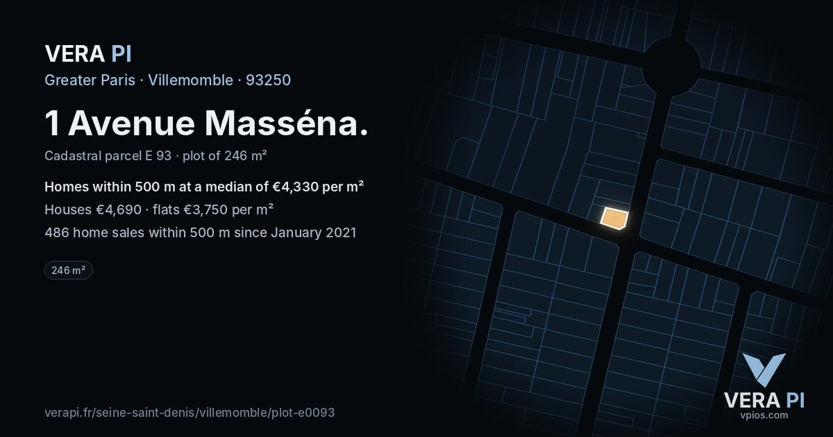 1 Avenue Masséna, Villemomble at night – the plot lit, the parcels around coloured by the prices near them