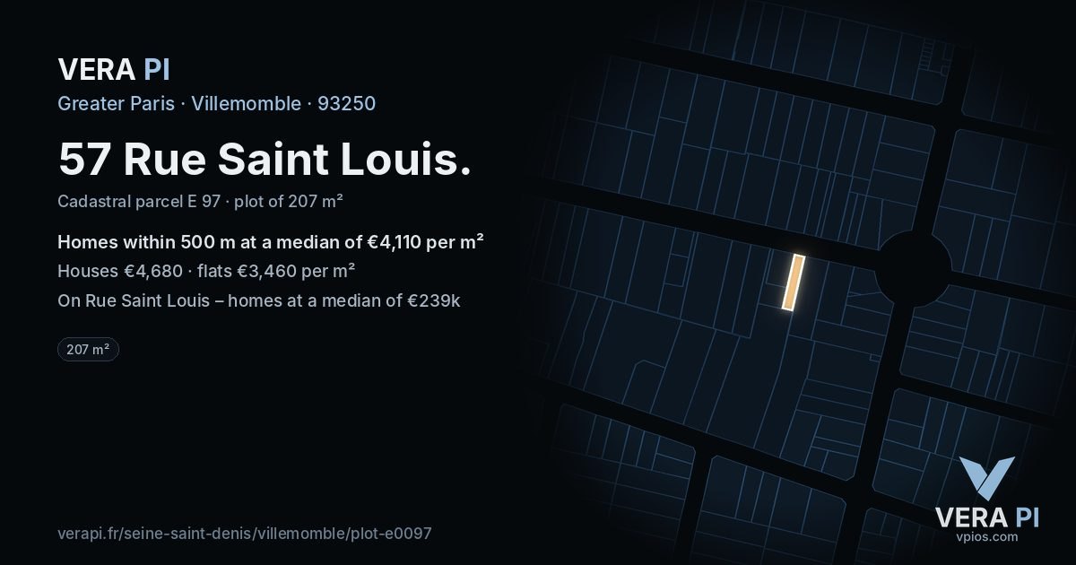 57 Rue Saint Louis, Villemomble at night – the plot lit, the parcels around coloured by the prices near them