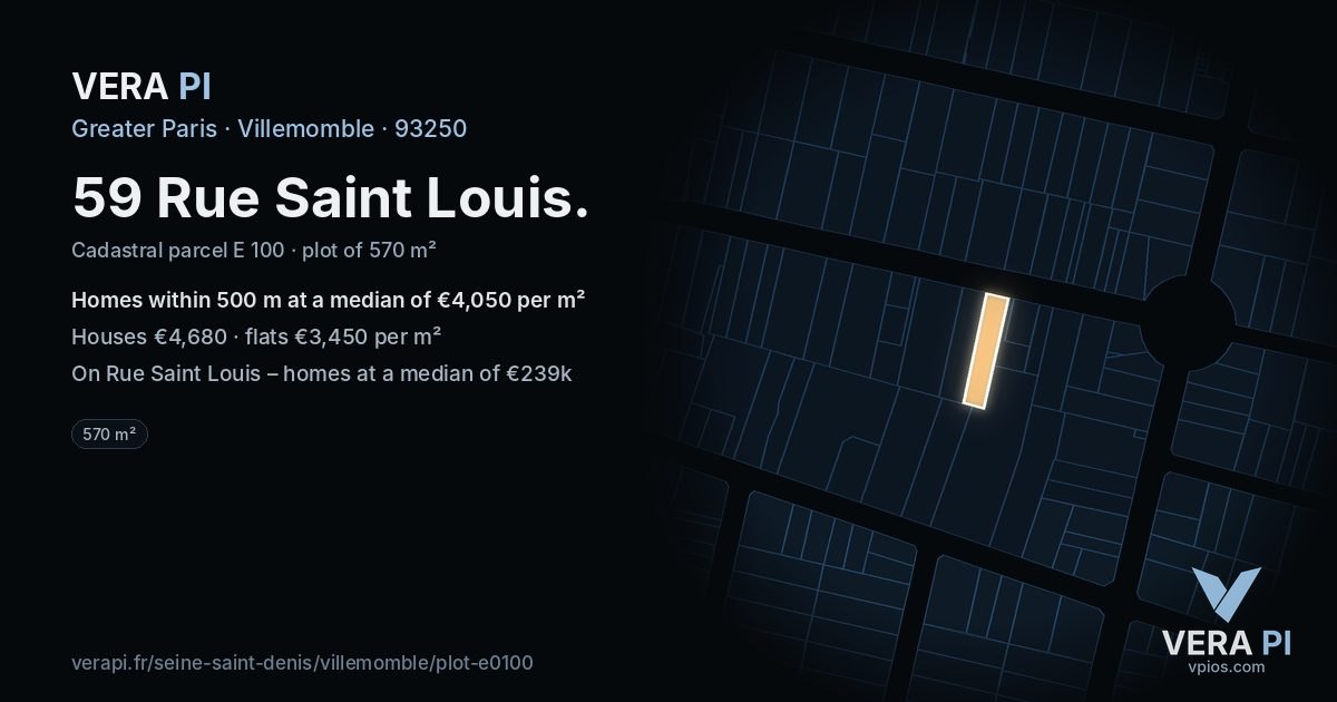 59 Rue Saint Louis, Villemomble at night – the plot lit, the parcels around coloured by the prices near them