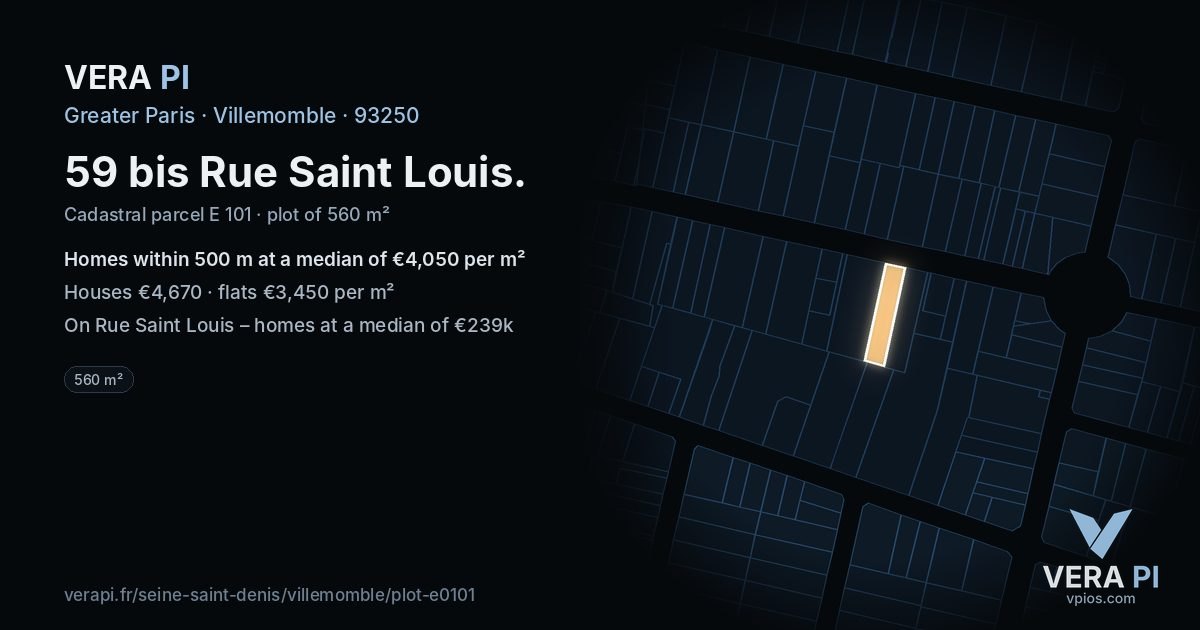 59 bis Rue Saint Louis, Villemomble at night – the plot lit, the parcels around coloured by the prices near them