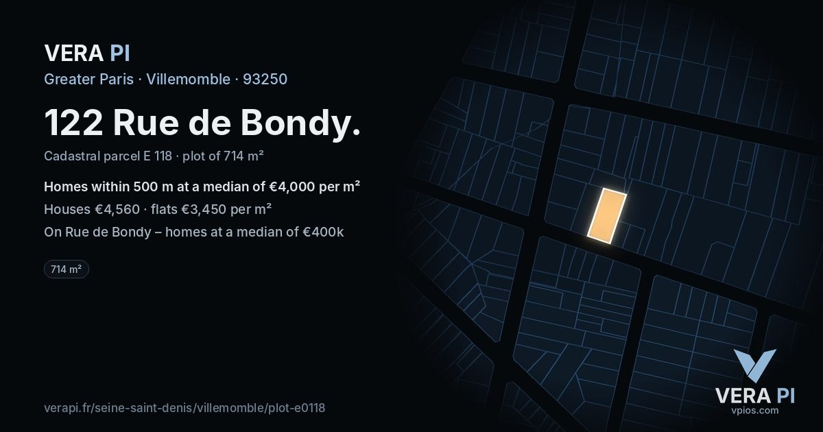 122 Rue de Bondy, Villemomble at night – the plot lit, the parcels around coloured by the prices near them