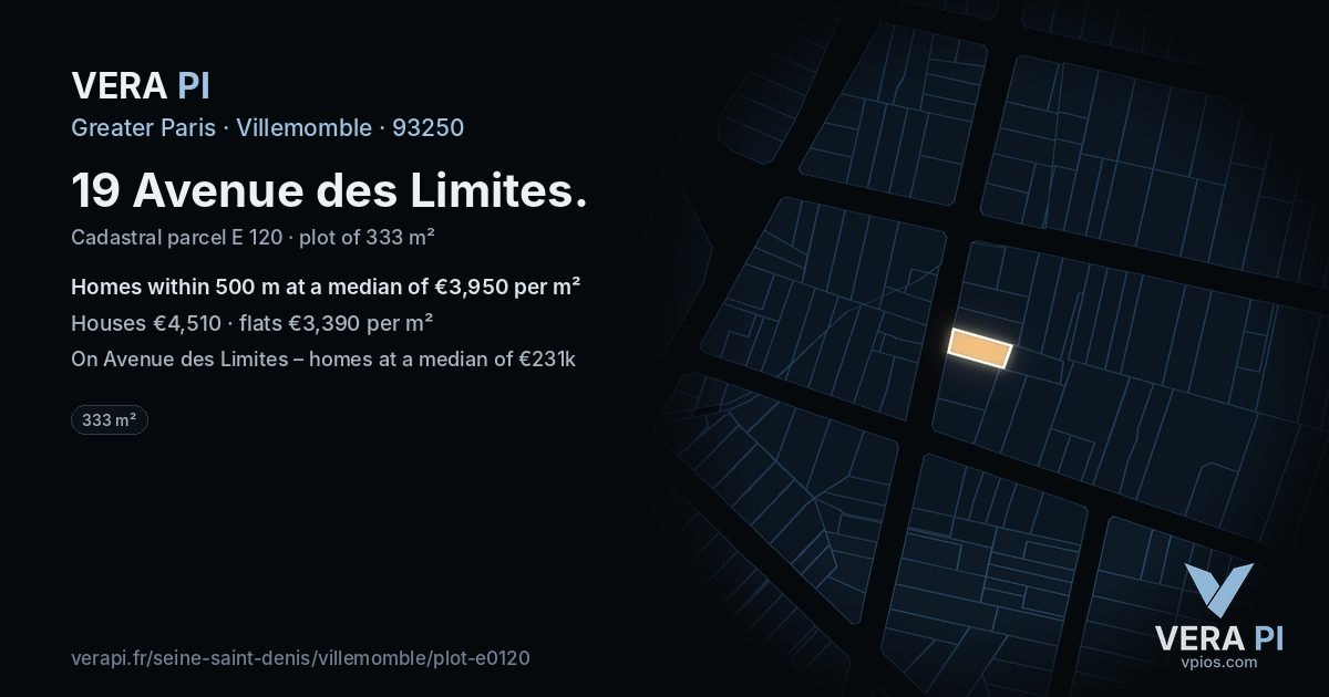 19 Avenue des Limites, Villemomble at night – the plot lit, the parcels around coloured by the prices near them