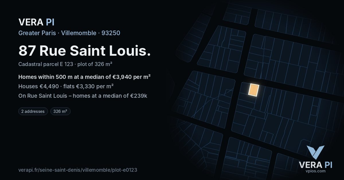 87 Rue Saint Louis, Villemomble at night – the plot lit, the parcels around coloured by the prices near them