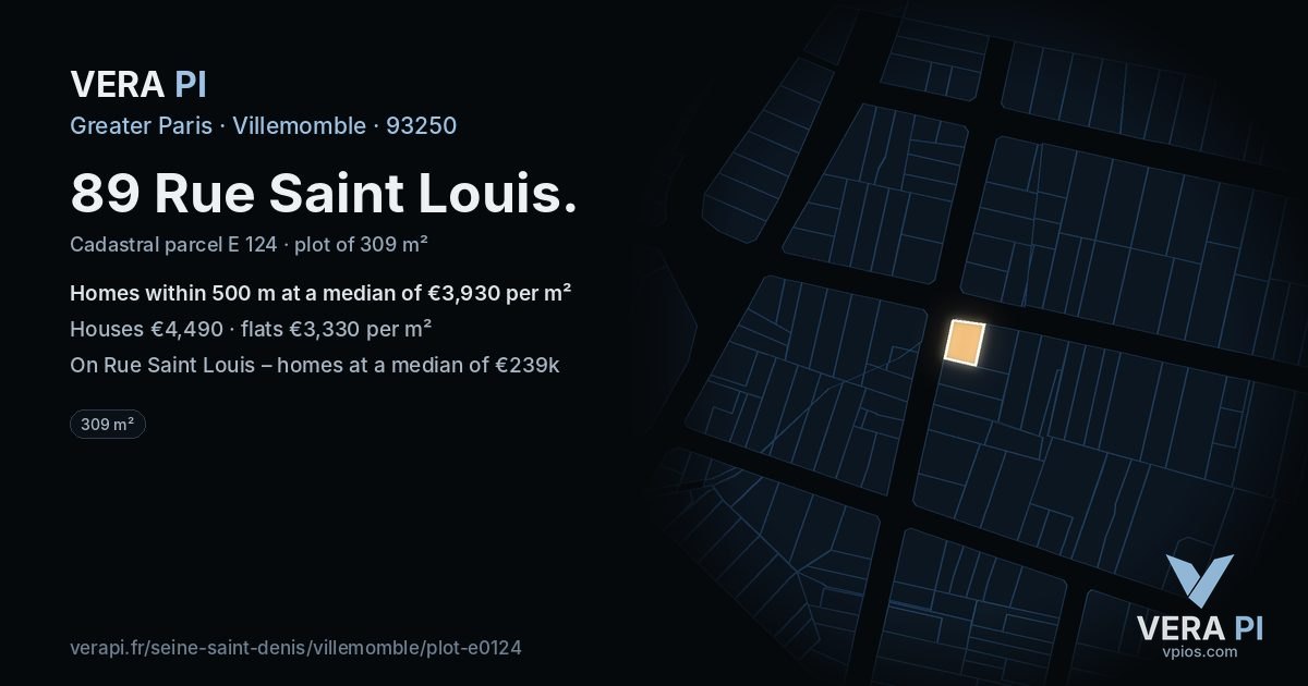 89 Rue Saint Louis, Villemomble at night – the plot lit, the parcels around coloured by the prices near them